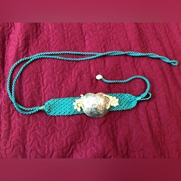 VTG Rope Braided Woven Belt With Seashells And Beads Bright Blue EUC. - Picture 1 of 4